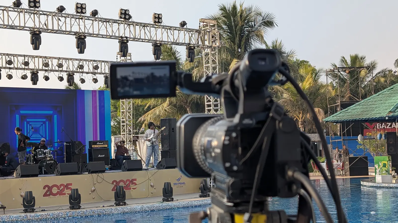 Broadcast camera facing the stage